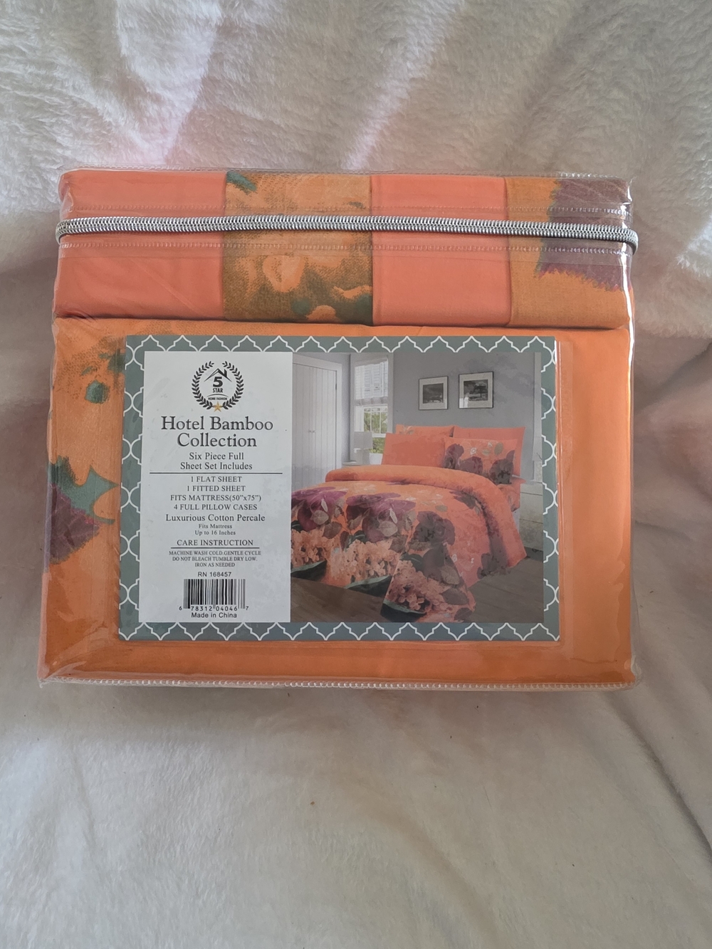 NWT Hotel Bamboo Collection 6-Piece Full Sheet Set Orange Floral Percale